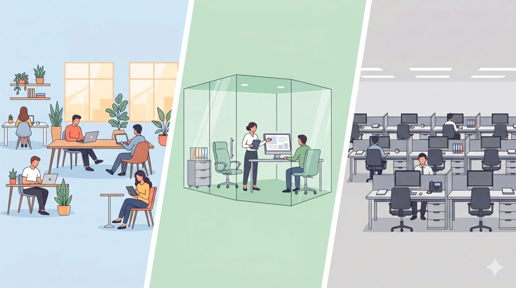 Comparison table detailing differences between coworking spaces serviced offices and traditional leases